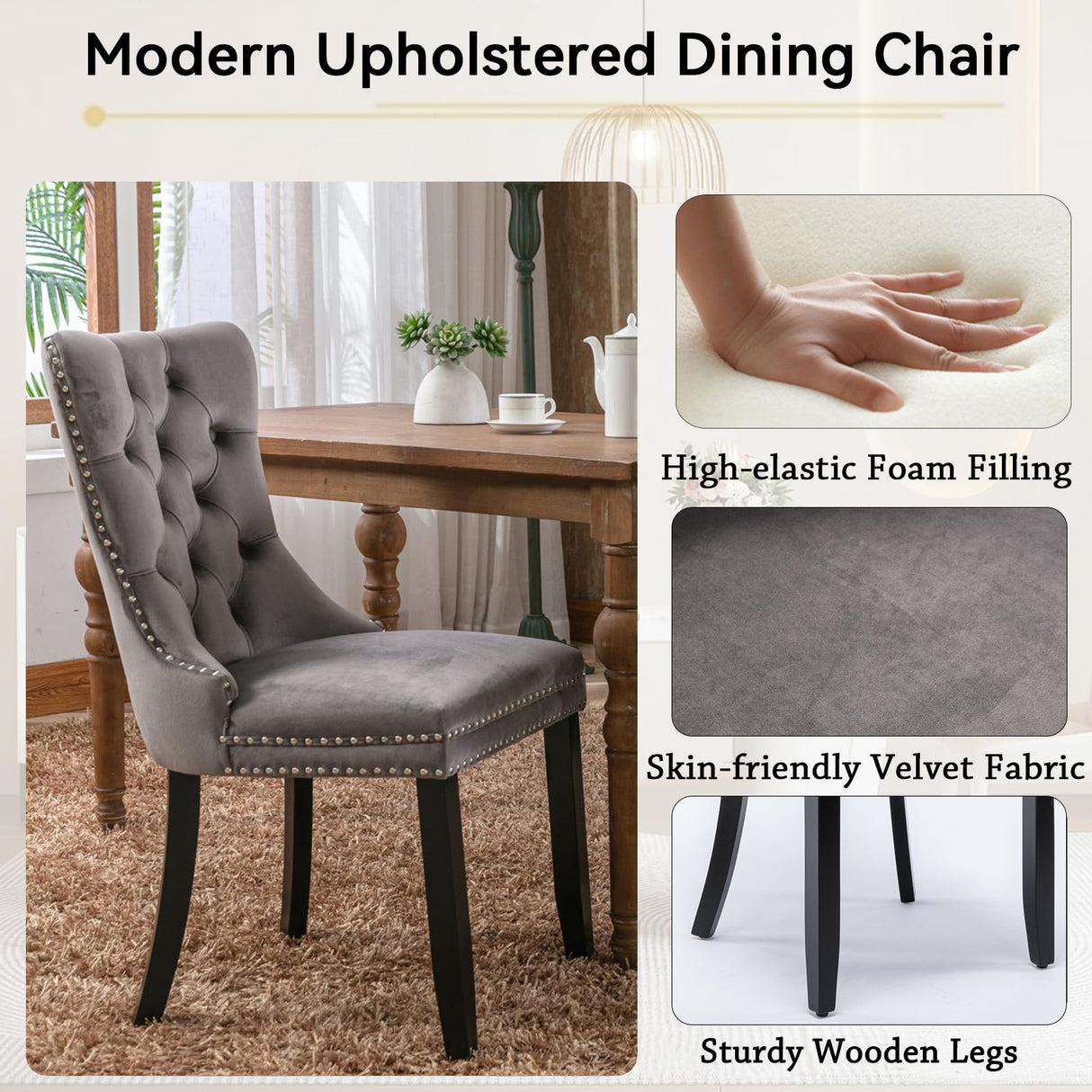 Henf 63"-79" Dining Table Set for 6, 7 Pieces Extendable Dining Table and 6 Grey Tufted Chairs Set for 6, Modern Large Expandable Dining Room Table with Rectangle Wood Top & Black Sturdy Base Henf