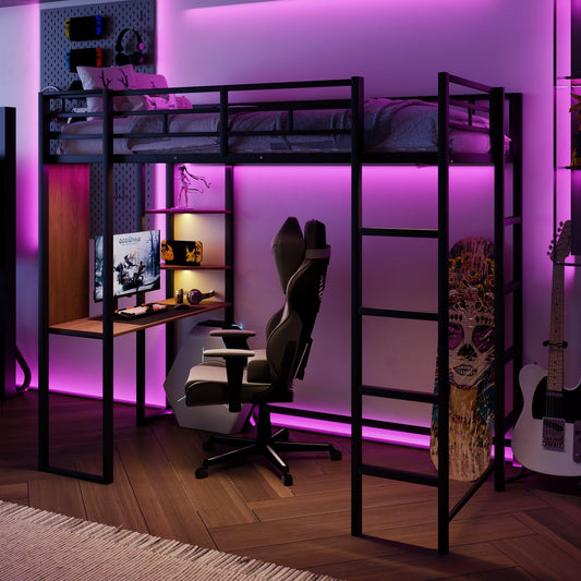 Merax Black Twin Metal Loft Bed with Desk and Shelves, Noise-Free Design - WoodArtSupply