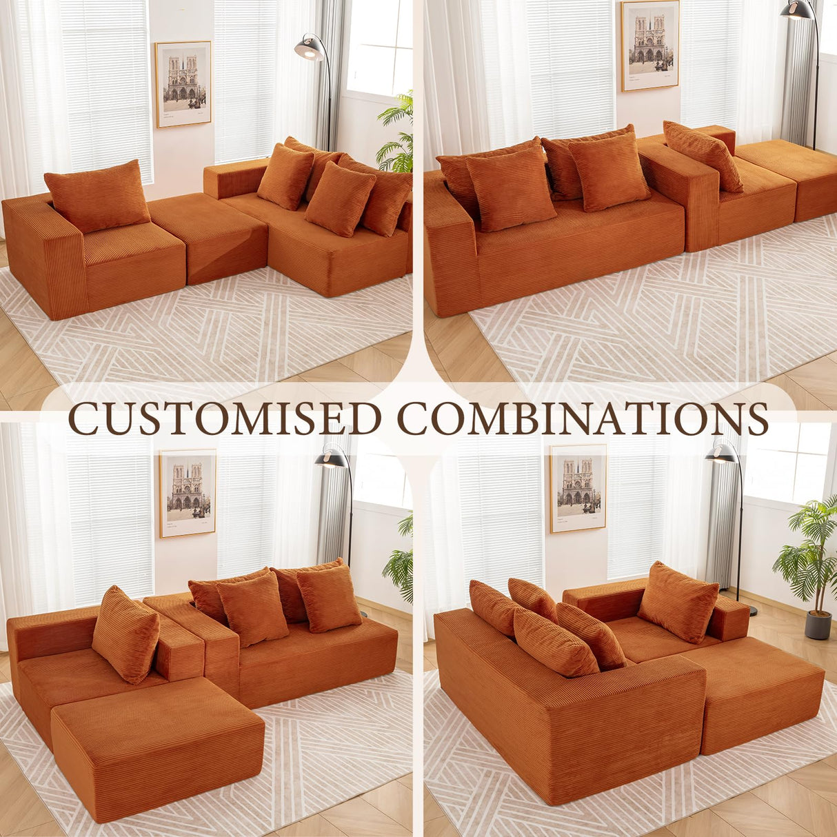 INGEROOM 108" Cloud Sectional Couch with L-Shape Chaise, Modular Sofa Memory Foam, Boneless Sofa with Movable Ottoman, Upholstered Couches for Living Room Bedroom, No Assembly Required, Orange INGEROOM