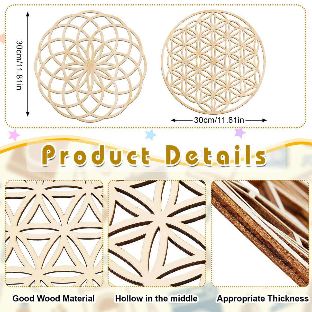 Taiyin 6 Pcs 12 Inch Sacred Geometry Wood Wall Art Set Zen Metatron Cube Home Decor Sri Yantra Merkaba Torus Flower of Life Hanging Sculpture Wooden Crystal Grid Pagan 7 Chakra Wall Decor(Burlywood) Taiyin