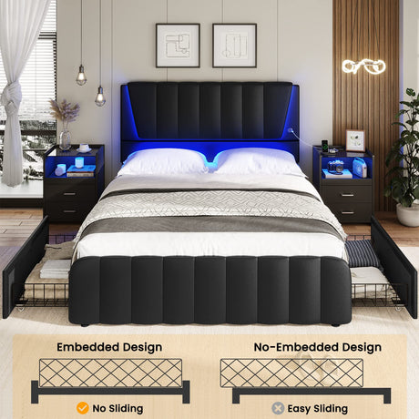 AOGLLATI Queen Bed Frame with Headboard, LED Lights, 4 Storage Drawers & USB Ports AOGLLATI