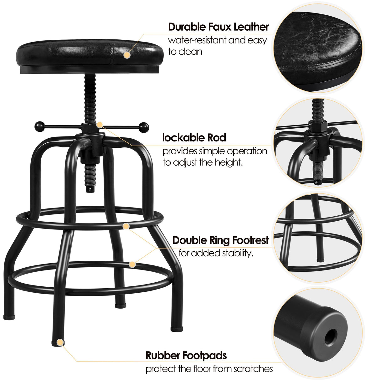 Yaheetech Industrial Bar Stools Vintage Counter Height Bar Stool with Round Faux Leather Seat Metal Stool Adjustable Kitchen Stool 21.5-28 Inch Tall Black, 1PCS Yaheetech