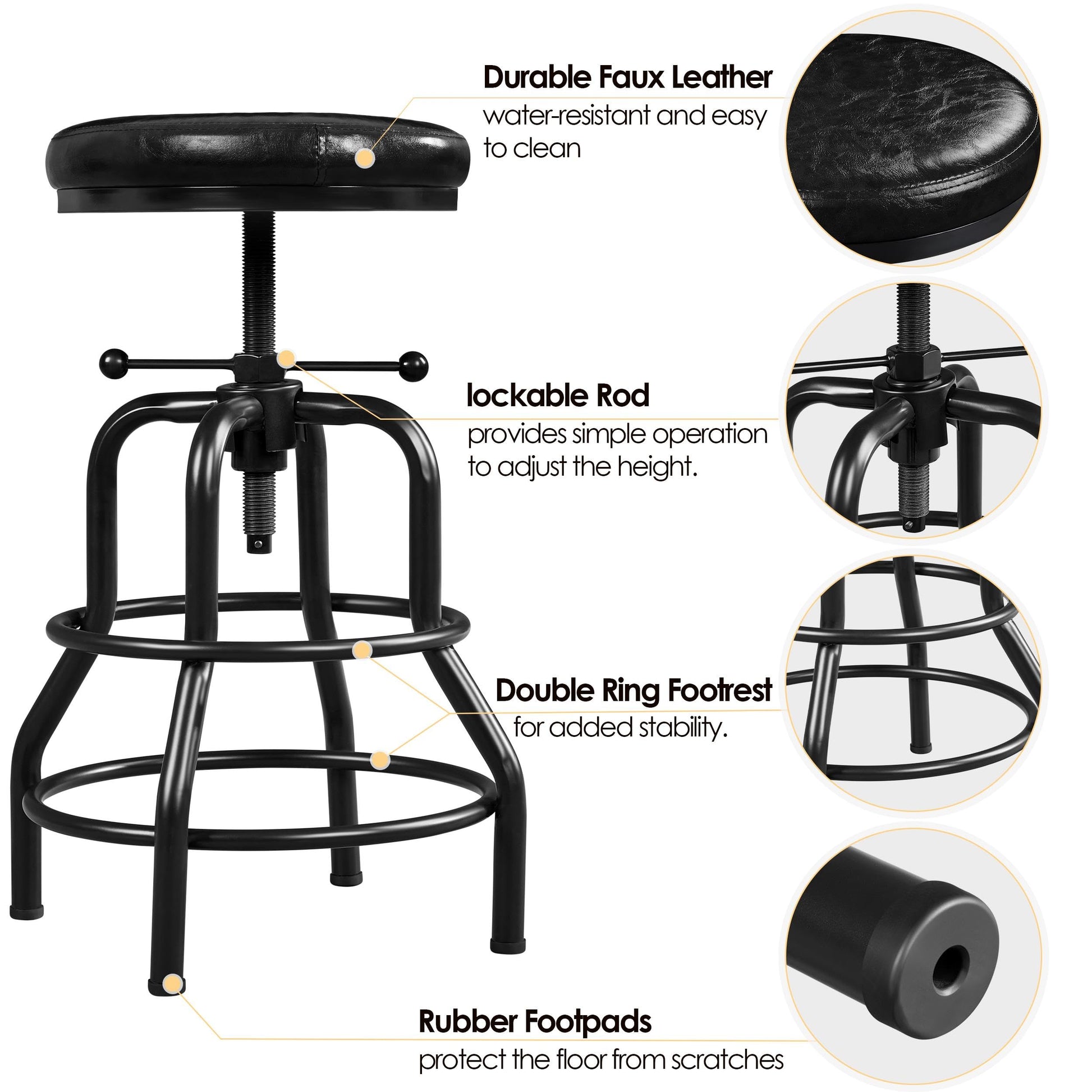 Yaheetech Industrial Bar Stools Vintage Counter Height Bar Stool with Round Faux Leather Seat Metal Stool Adjustable Kitchen Stool 21.5-28 Inch Tall Black, 1PCS - WoodArtSupply