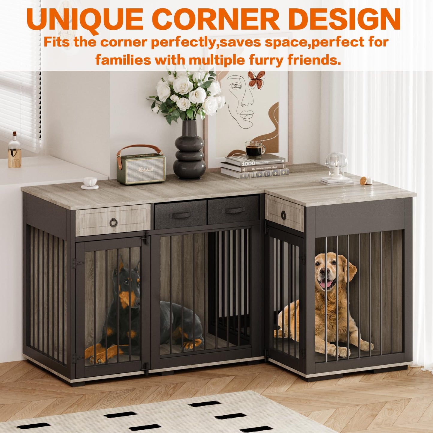 PAPIHO Dog Crate Furniture for 2 Dogs,Corner Wooden Furniture Style Combined Dog Crate Kennel with Fabric Drawers&Removable Divider,Dog Crate Can Use Separately - WoodArtSupply