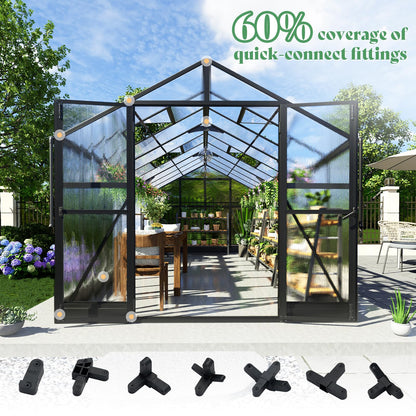 AMERLIFE 8x18x7FT Polycarbonate Greenhouse, Walk in Greenhouse with Quick-Connect System, Green House with 4 Vent Windows and swing lockable door, Greenhouses for Outdoors, Sunroom Black