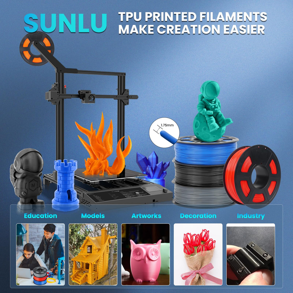 SUNLU TPU Filament 1.75mm Flexible 3D Printer Filament 1KG, 95A Soft 3D Printing Filament fit Most FDM 3D Printers, Dimensional Accuracy +/- 0.03mm, 95A Flexible Filament TPU, 1kg (2.2lbs), Black SUNLU