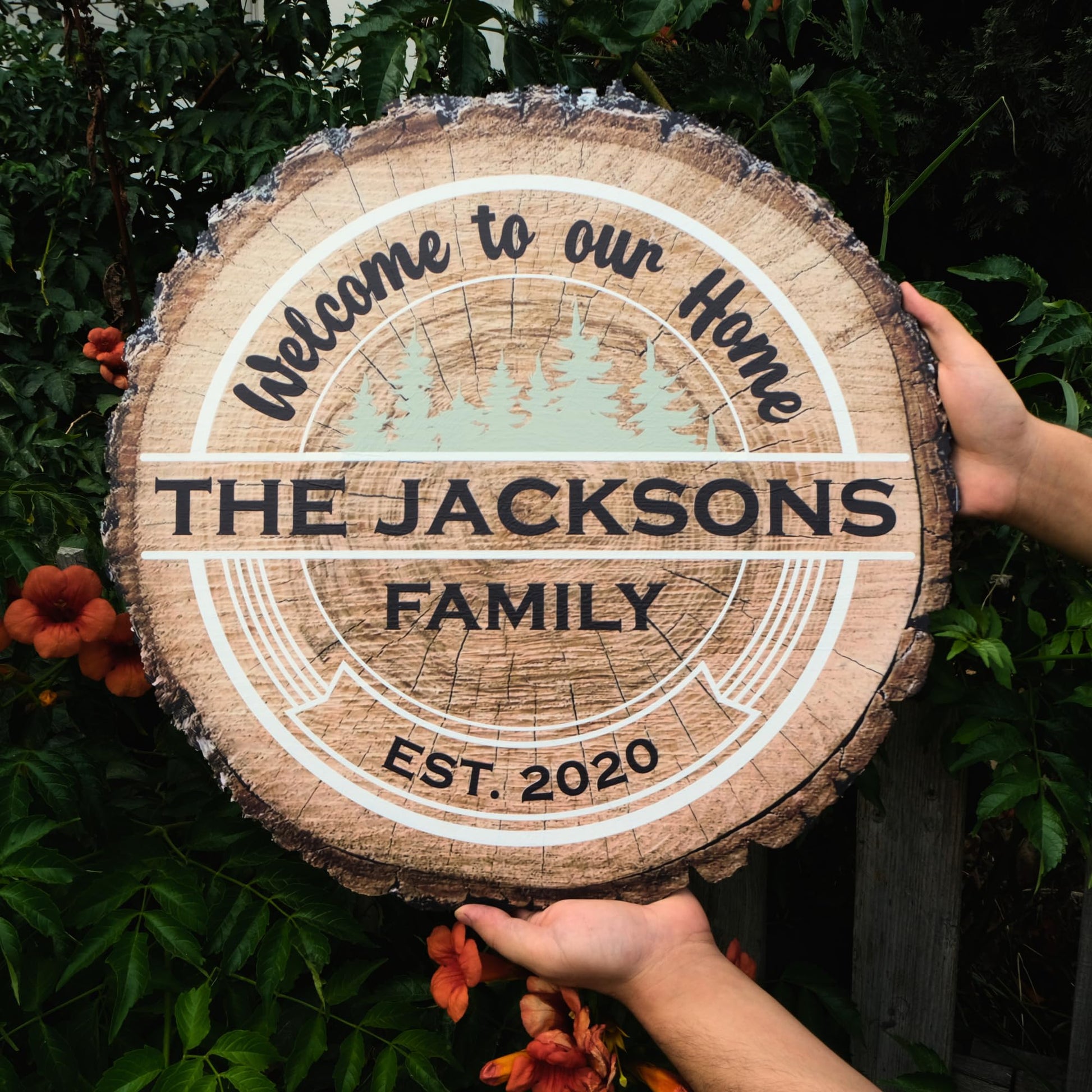 Custom Wood Name and Welcome Sign, Personalized Gifts, Realistic Tree Slice Appearance Printed on MDF, - WoodArtSupply