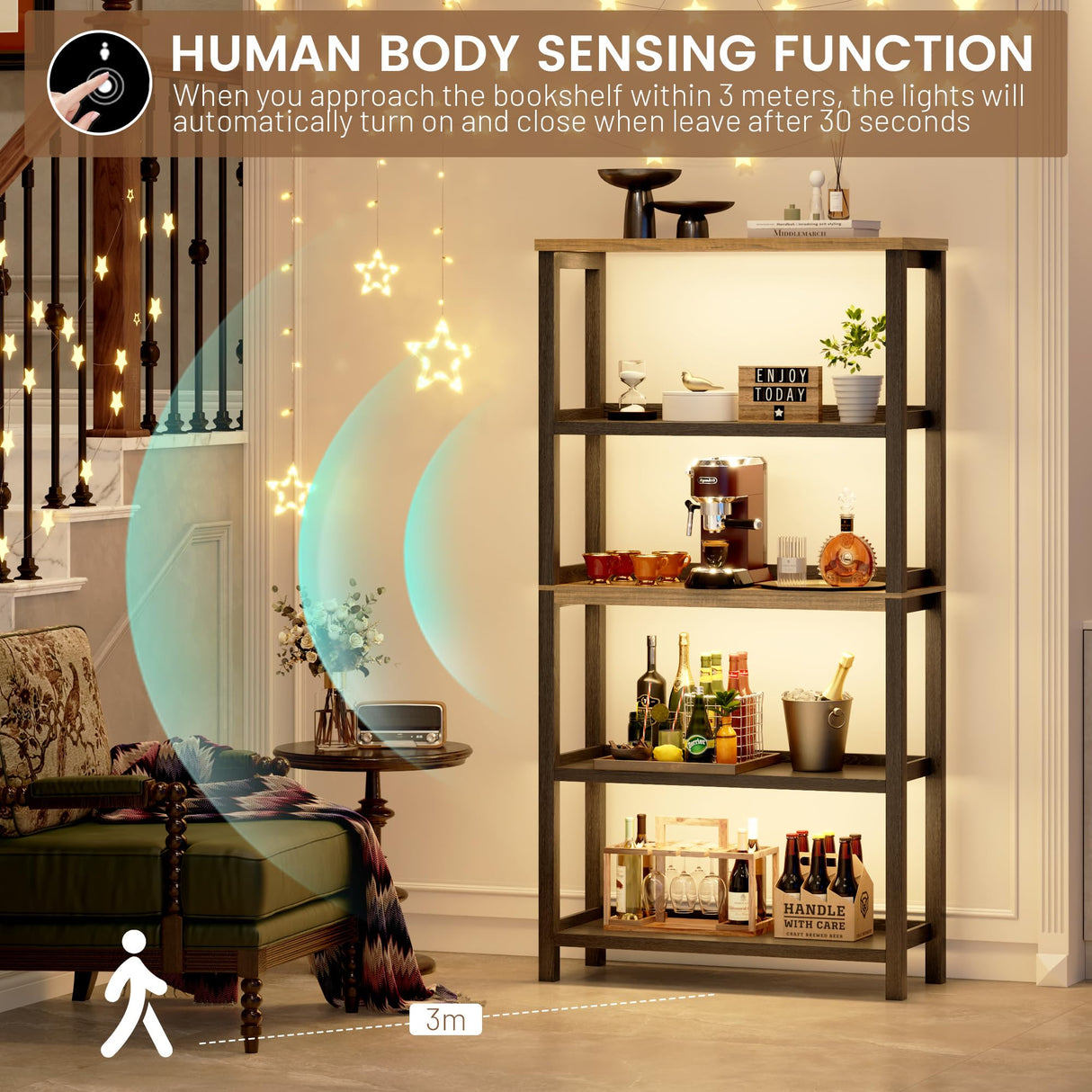 Vlsrka Wooden Bookshelf with Lights, 5 Tier Bookshelf with Storage, Tall Bookcase with Open Shelves, Standing Bookshelves Display Rack for Living Room, Home Office, Black Vlsrka