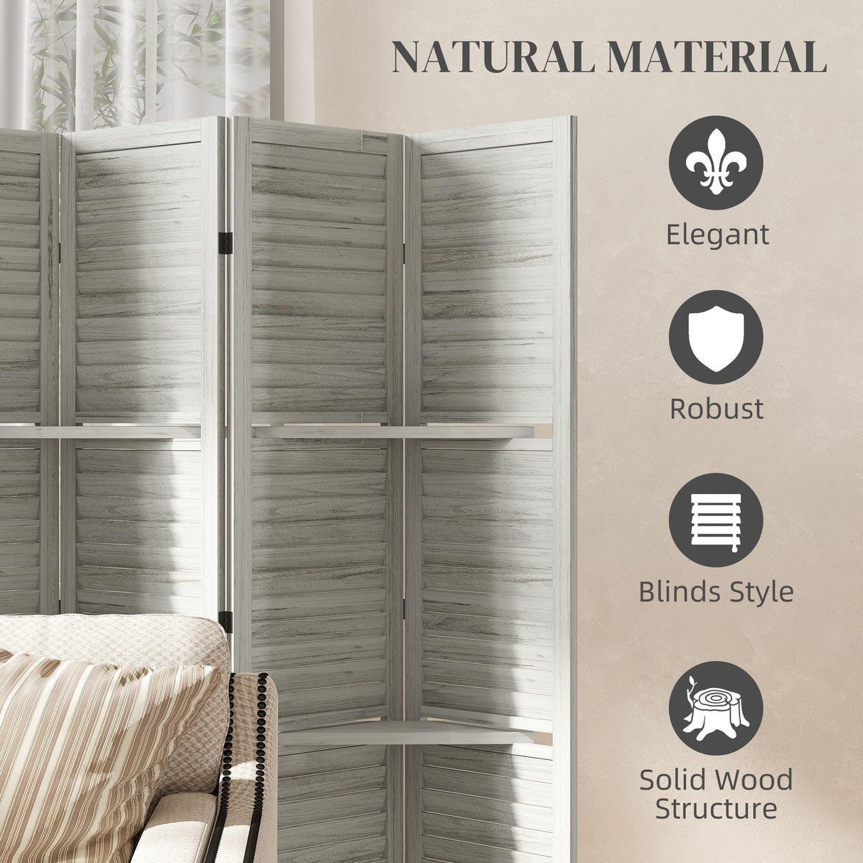 HOMCOM Room Divider, 6 Panel 67" Tall Wood Privacy Screen with 3 Display Shelves, and Folding Storage for Bedroom or Home Office, Distressed White HOMCOM