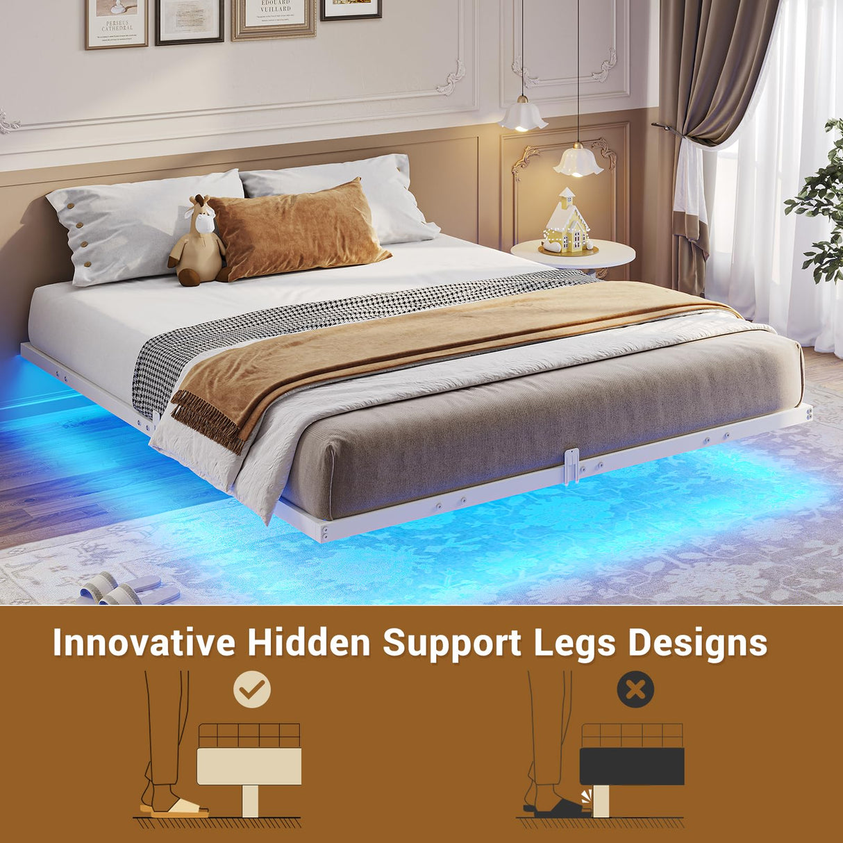 Hasuit Full Size Floating Bed Frame with LED Lights and No Box Spring Needed Hasuit