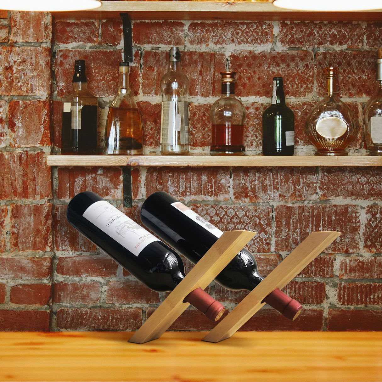 Somonka-L 2Pcs Wine Bottle Holder, Personalized Single Wine Bottle Holder Stand Display Table Top Wine Rack Bamboo Self Balancing Countertop Wine Holders Organizer for Dining Table Somonka-L