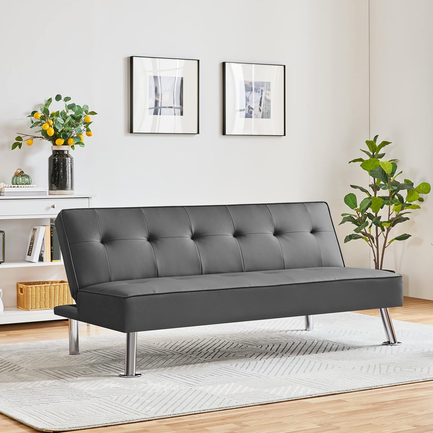 Yaheetech Convertible Sofa Couch Futon Bed Faux Leather Sofa Bed Sleeper Adjustable Loveseat Futon Couch Living Room Furniture with Chrome Metal Legs, Gray