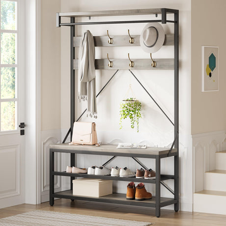 IDEALHOUSE Coat Rack Shoe Bench Industrial Hall Tree Storage Bench for Entryway Wood Look Accent Large Shoe Rack Bench with Storage Shelf Hanging Bar,8 Hooks Grey 39.9"x15.7"x72" IDEALHOUSE