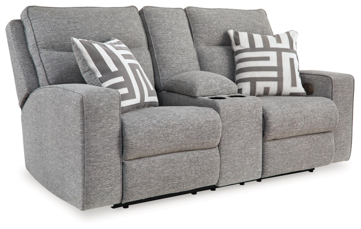 Signature Design by Ashley Biscoe Casual UV Resistant Power Reclining Loveseat with Console, Adjustable Headrest and USB Ports, Light Gray Signature Design by Ashley