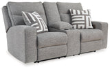 Signature Design by Ashley Biscoe Casual UV Resistant Power Reclining Loveseat with Console, Adjustable Headrest and USB Ports, Light Gray Signature Design by Ashley
