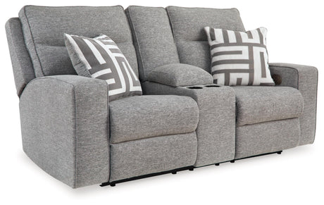 Signature Design by Ashley Biscoe Casual UV Resistant Power Reclining Loveseat with Console, Adjustable Headrest and USB Ports, Light Gray Signature Design by Ashley