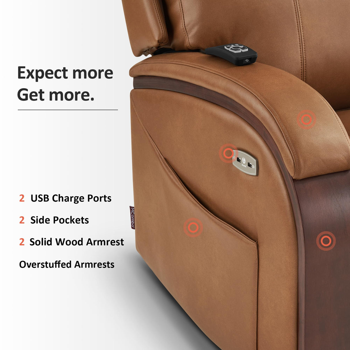 MCombo Power Lift Recliner Chair Sofa with Massage and Heat, Adjustable Headrest for Elderly People, Solid Wood Armrest, USB Ports, Side Pockets, Faux Leather 7917 (Tawny, Medium) MCombo