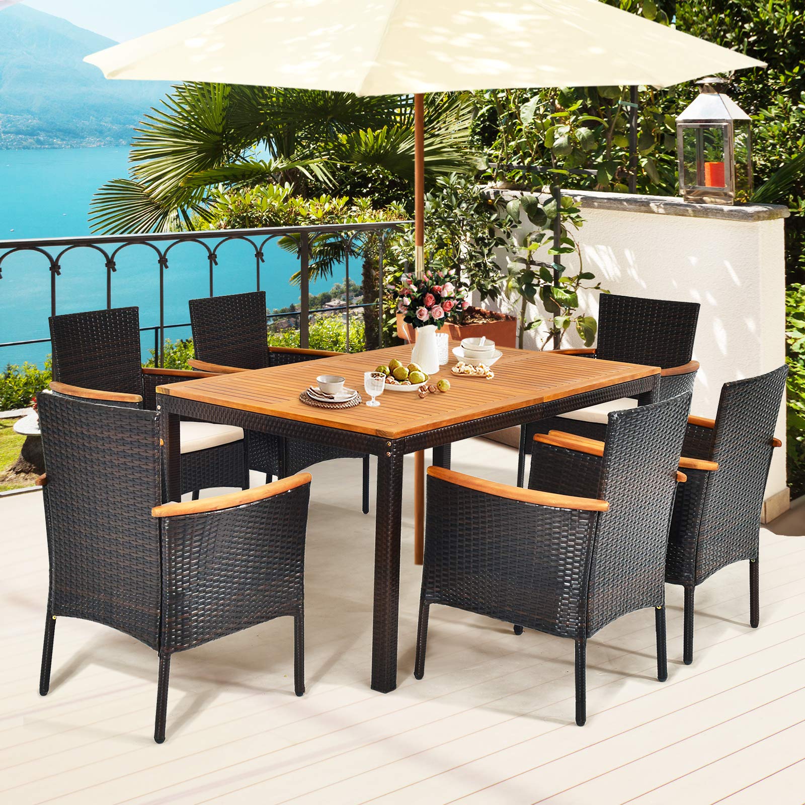 Tangkula 7 Pieces Patio Rattan Dining Set, Outdoor Conversation Set w/Acacia Wood Tabletop & Umbrella Hole, Stackable Chairs w/Soft Cushion, Table and Chair Set for Garden, Backyard (Beige) - WoodArtSupply