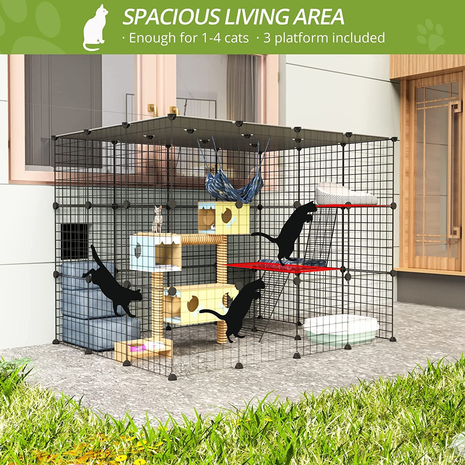 Oneluck Outdoor Cat House Cat Cages Enclosure with Super Large Enter Door, 55L x 41W x41H Balcony Cat Playpen with Platforms,DIY Kennels Crate Large Exercise Place Ideal for 1-3 Cats - WoodArtSupply