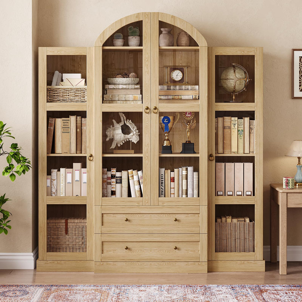 UKAOCAI 72.4" Tall Farmhouse Display Cabinet with Glass Doors,Large Wood Bookshelf with 2 Drawers & Adjustable Shelves,Arched Kitchen Pantry,for Living Room, Dining Room, Kitchen UKAOCAI