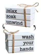 Farmhouse Mini Bookstack for Bathroom Decor Wooden Books for Restroom Shelf Decorative Accent for Guest Bathroom Sign, 2 Signs in 1 Reversible - Wash Your Hands/Relax Soak Unwind LIVDUCOT