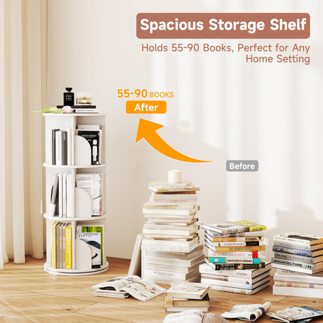 CuFun 3 Tier Rotating Bookshelf, 360 Display Spinning Bookcase, Corner Bookshelf, Floor Standing Revolving Bookcase Storage Rack, Narrow Book Shelf Organizer for Small Space, Bedroom, Office, White CuFun