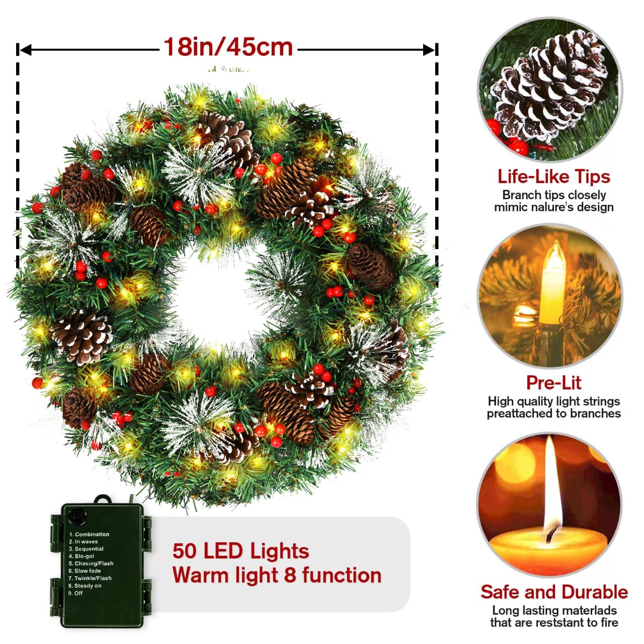 Christmas Wreath,Pre-Lit Artificial Christmas Wreaths for Front Door with Pine Cones,Berries,Christmas Wreath with Lights,8 Modes 50 LED Lights for Outdoor Indoor Decorations-18 in