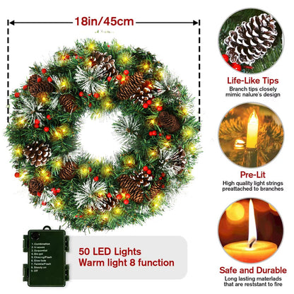 Christmas Wreath,Pre-Lit Artificial Christmas Wreaths for Front Door with Pine Cones,Berries,Christmas Wreath with Lights,8 Modes 50 LED Lights for Outdoor Indoor Decorations-18 in