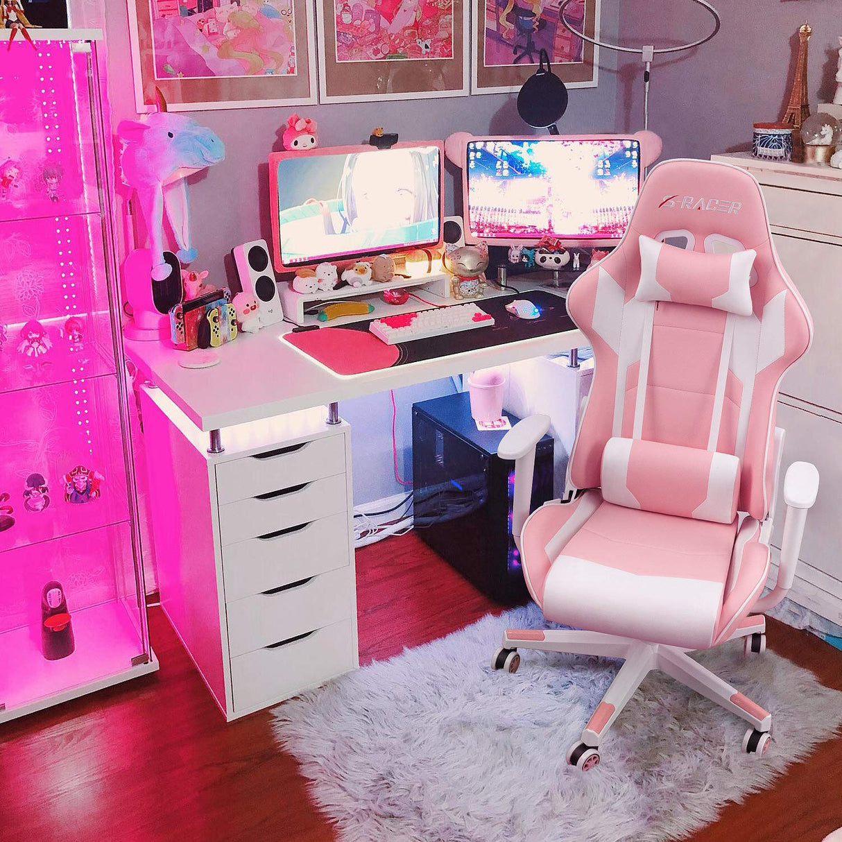 Homall Gaming Chair, Office Chair High Back Computer Chair Leather Desk Chair Racing Executive Ergonomic Adjustable Swivel Task Chair with Headrest and Lumbar Support (Pink) Homall
