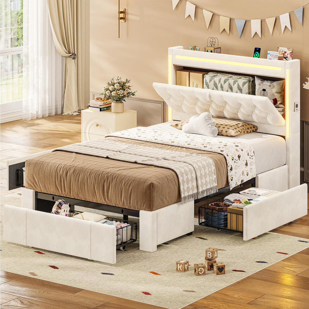 BTHFST Twin Upholstered LED Bed Frame with 3 Drawers, Velvet Hidden Storage Headboard with Charging Station, Button Tufted Headboard and Heavy Duty Metal Slats Support, No Box Spring Needed, Beige BTHFST