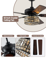 Curve Curio 52 Inch Chandelier Fan Crystal Farmhouse Ceiling Fan with Light Quiet and Reversible DC Motor for Living Room Bedroom Patio Curve Curio