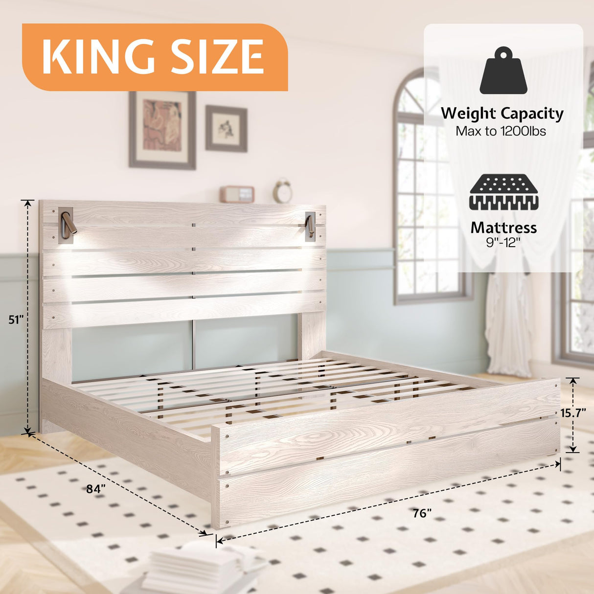 Jocisland King Size Farmhouse Bed Frame with 51" Headboard, LED Lights, Rustic Wood Look, No Box Spring Needed, Ash White Jocisland