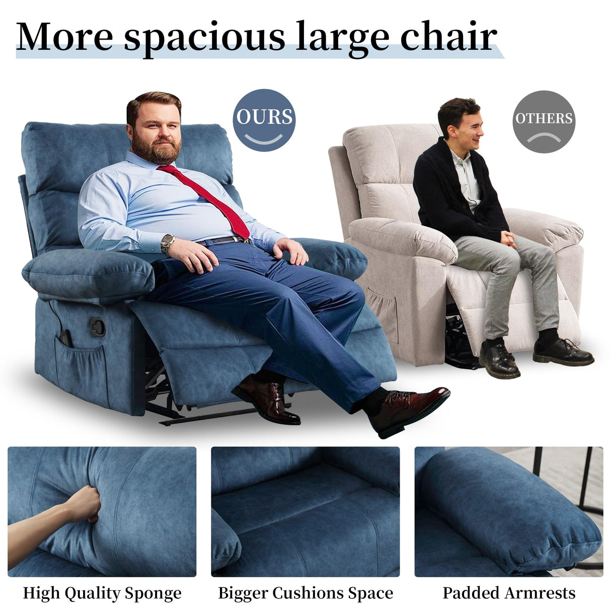 YI DANICA Extra Wide Oversized Recliner Chair – Zero Gravity Recliner Chair 350lbs Capacity with Liftable Footrest, Lumbar Pillow | Tool-Free Assembly for Living Room (Blue, Manual) YI DANICA