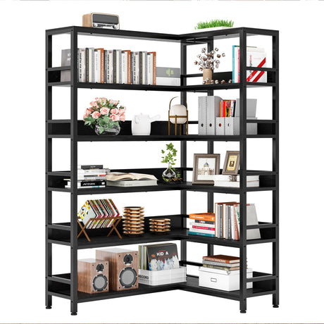 IRONCK Industrial Bookshelves 6 Tiers Corner Bookcases with Baffles Etagere Shelf Storage Rack with Metal Frame for Living Room Home Office IRONCK
