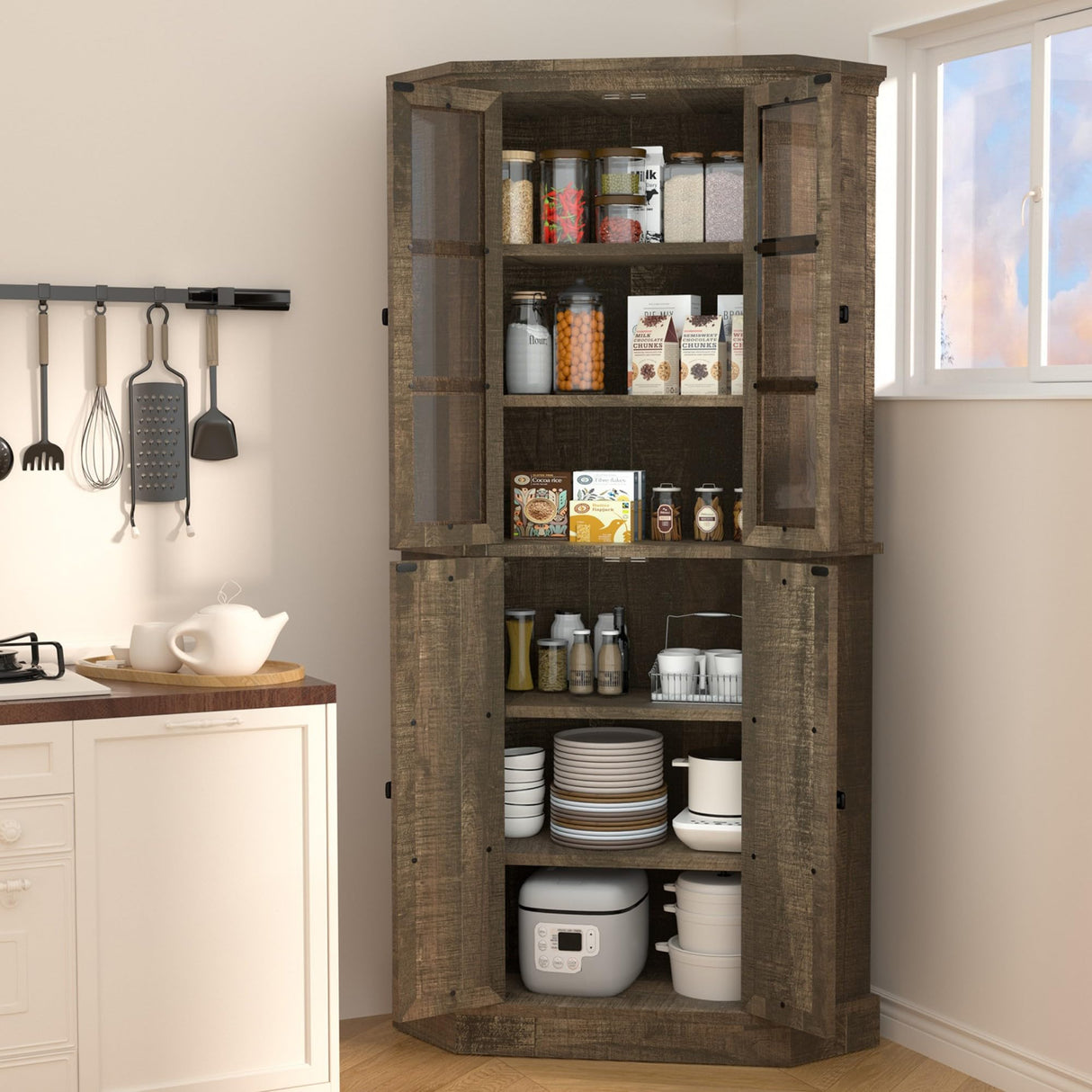 Betterhood Corner Storage Cabinet, 67" Kitchen Corner Cabinet with Glass Doors, Farmhouse Tall Corner Display Cabinet with Adjustable Shelves for Dining Room, Living Room, Rustic Brown Betterhood