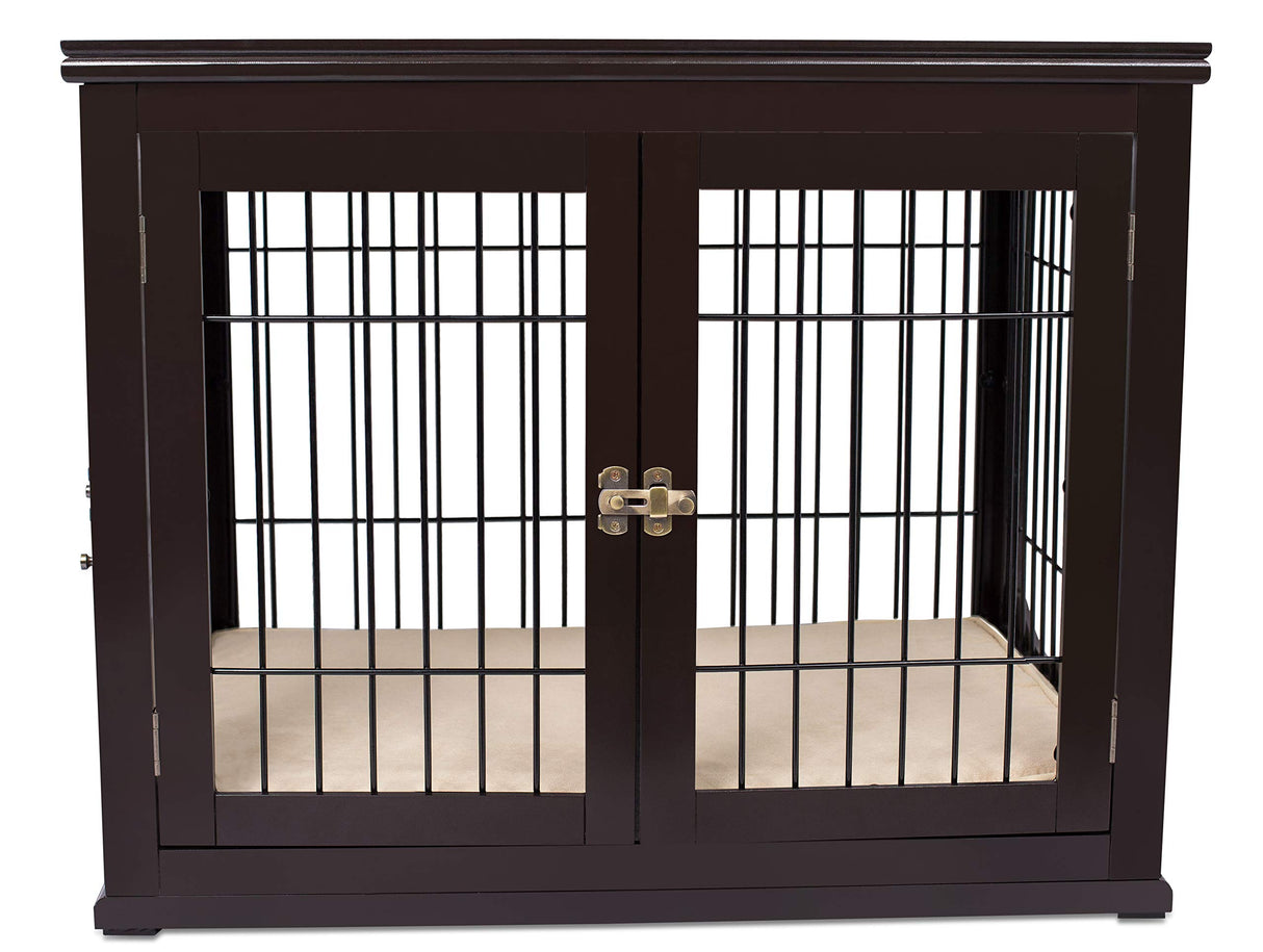 INTERNET'S BEST Decorative Dog Kennel with Pet Bed, Small Pet House, Double Door Indoor Crate, Engineered Wood & Wire Furniture, Side Table & Nightstand, Fits Small Dogs - Espresso Internet's Best