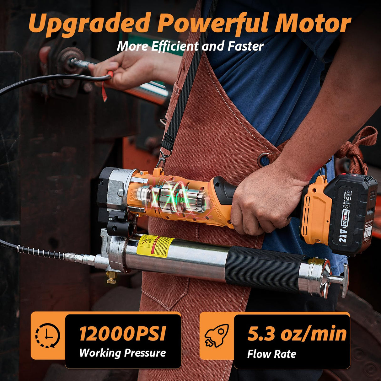 TaskStar 2-in-1 Electric Grease Gun:12000 PSI, 5.3 oz/min Flow Battery Powered Cordless Grease Gun with 2 * 4.0 Ah Batteries and Charger, LED Light, 90 Degree Coupler Adapter, Orange TaskStar