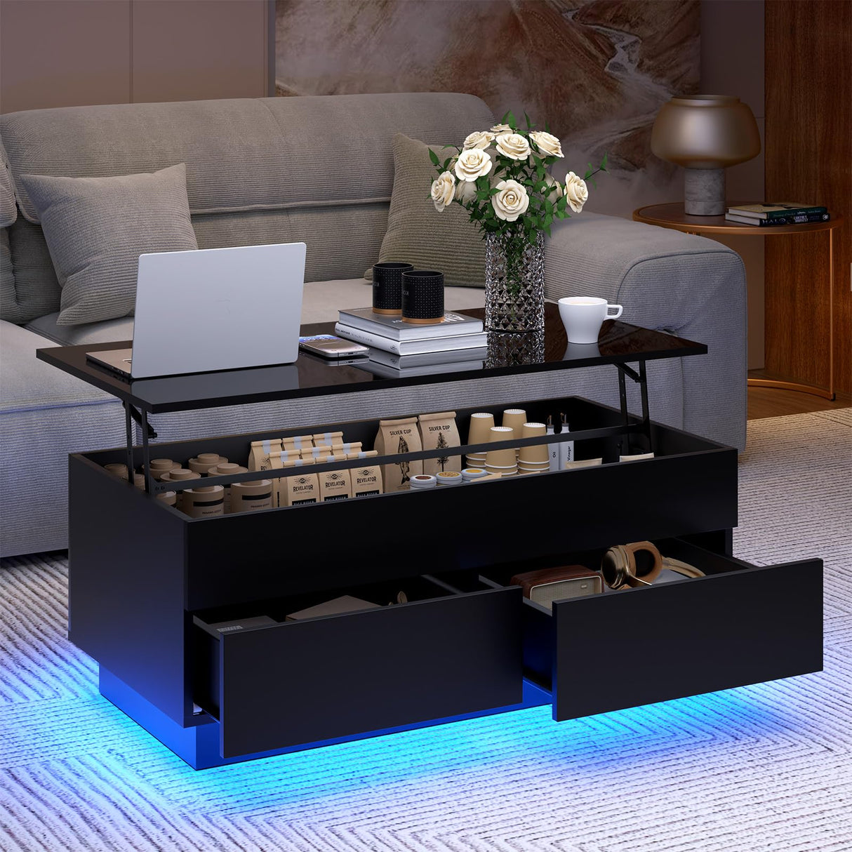 LED Coffee Table with Lift Top Morden Coffee Table with Storage High Gloss Black Sofa Table for Living Room Center Tables Hidden Compartment & 2 Drawers HOMMPA