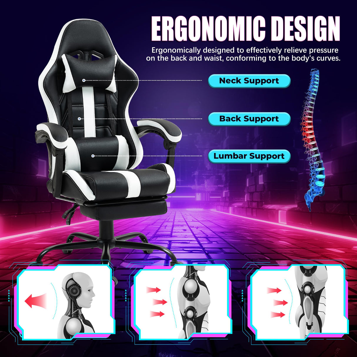 HOMHUM Massage Gaming Chair with Footrest, Ergonomic PU Leather Computer Chair w/Headrest and Lumbar, Height Adjustable, 360° Swivel Desk Office Chair, White HOMHUM