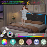 VECELO Dark Grey Upholstered Full Bed Frame with Adjustable Headboard, LED Lights & Integrated Charging Station VECELO