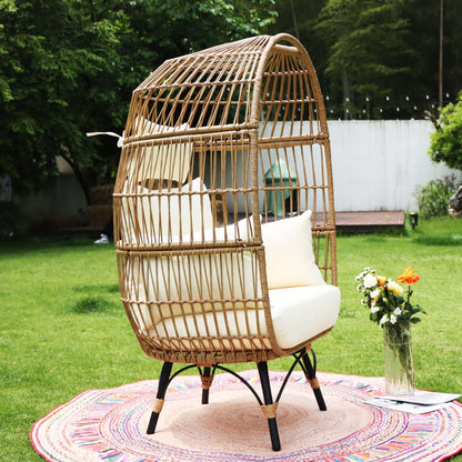 NICESOUL Modern Stationary Wicker Egg Chair with 5 Thicken Cushions, Indoor Outdoor Large Oversized PE Rattan Egg Basket Chair Boho Lounger for Living Room Bedroom Porch Patio Backyard, 440 lbs Beige