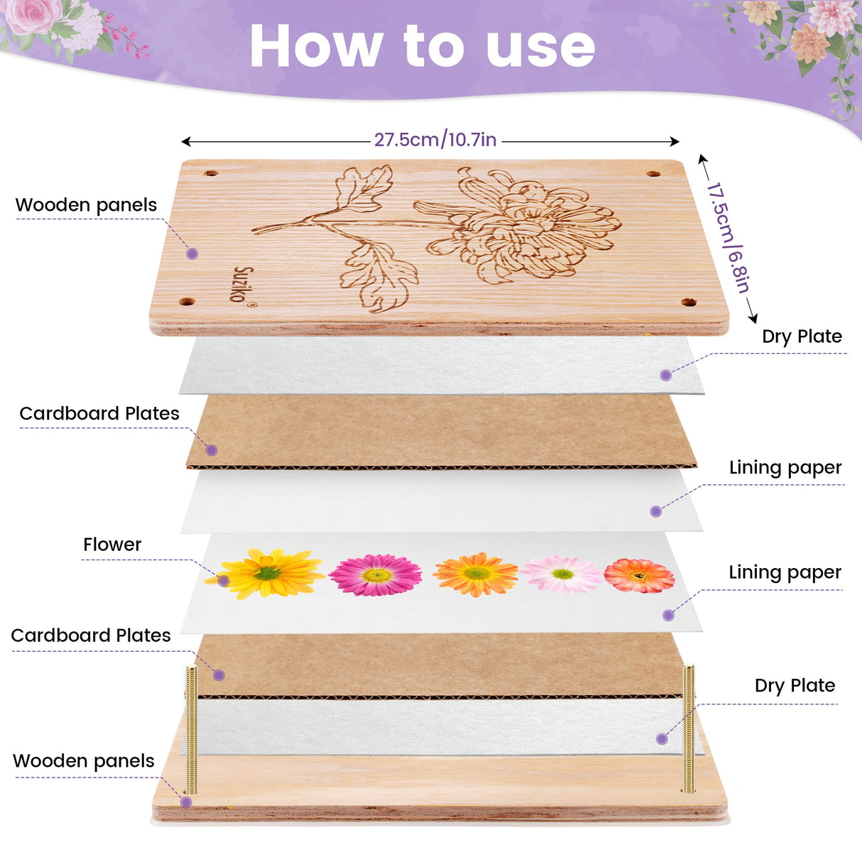 Suziko Large Flower Press Kit 10.8 x 6.9 inch for Adults Kids, Flower and Plant Preservation Kit, Arts and Crafts for Adults Leaf Press, Great Gift for Lovers Suziko