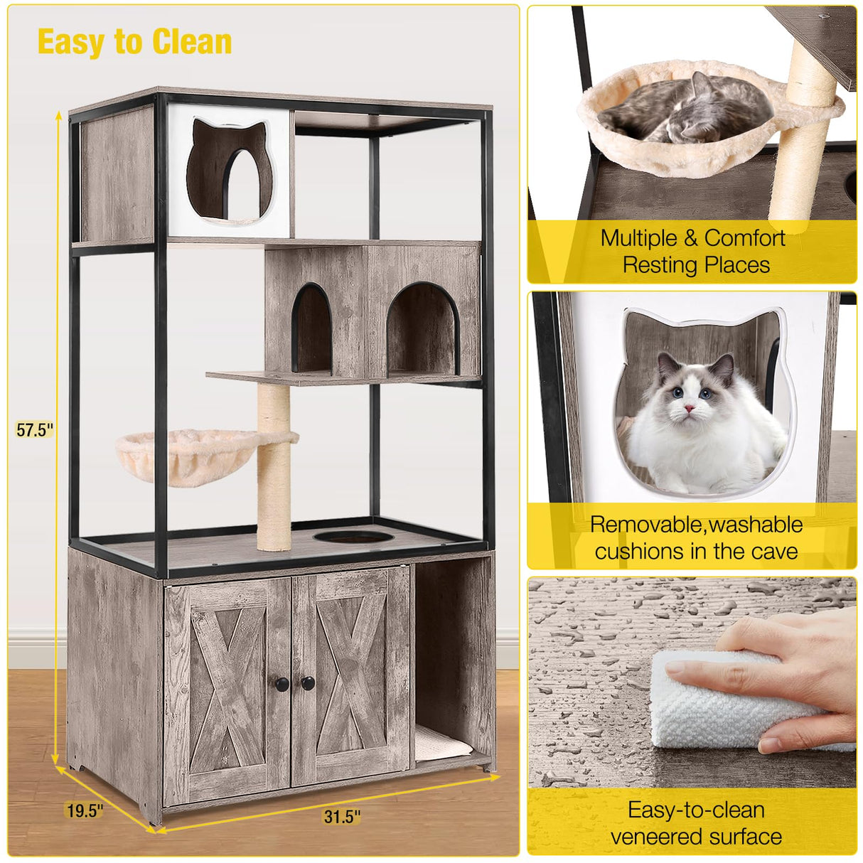 Aivituvin Cat Litter Box Enclosure, Litter Box Furniture Hidden, Wooden Cat Washroom Furniture, Indoor Cat House with Condo, Hammock, Scratching Mat and Storage Shelves-Greige Aivituvin