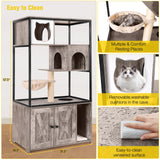 Aivituvin Cat Litter Box Enclosure, Litter Box Furniture Hidden, Wooden Cat Washroom Furniture, Indoor Cat House with Condo, Hammock, Scratching Mat and Storage Shelves-Greige Aivituvin