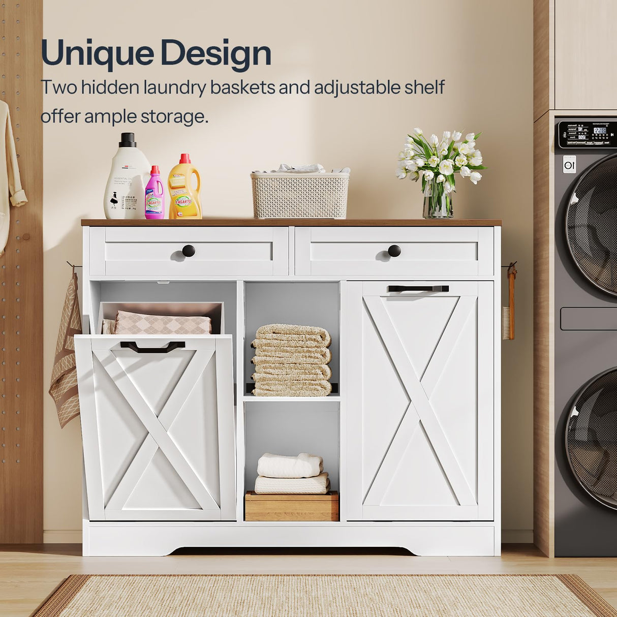 HOOBRO Double Tilt Out Laundry Hamper Cabinet, 41.7" Hidden Laundry Cabinet, with Open Shelving and 2 Removable Baskets, Farmhouse Laundry Storage Basket, for Bathroom, White and Walnut WH11XY01 HOOBRO