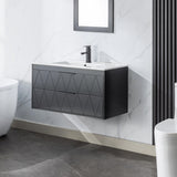 eclife 36" Bathroom Vanities Cabinet with Sink Combo, Wall Mounted Floating Cabinet W/Decor Line, Soft-Close System, 2 Extra Big Drawers, Matte Black Faucet, Black eclife