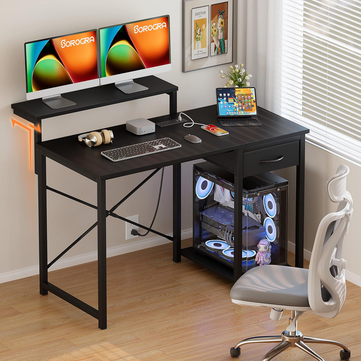 SOROGRA Computer Desk with Adjustable Monitor Stand, 39.4 in Small Desk with Reversible Storage Shelves, Office Desk with Large Desktop Spaces for Home Bedroom Workstation, Black SOROGRA