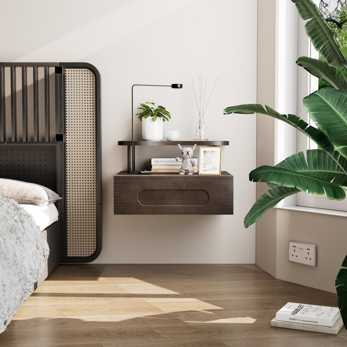 LUPWNEKA Floating Nightstand with Drawer - Brown Nightstand Floating Bedside Table, 2-Tier Wooden Bedroom Shelves for Wall, Morden Wall Mounted Nightstand for Bedroom, Bathroom, Study Room LUPWNEKA