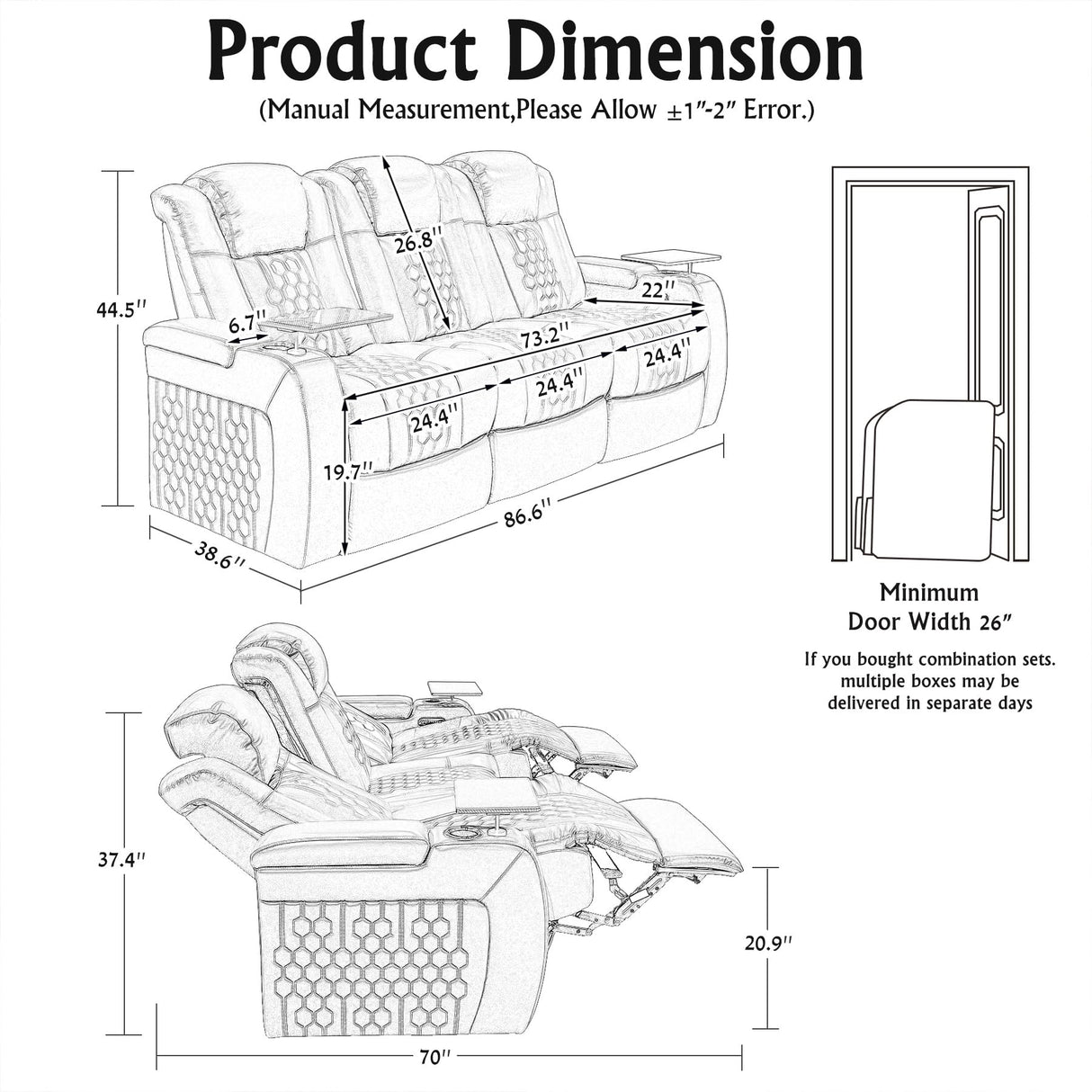 NMXUXMN Home Theater Seating,Top-Grain Leather Recliner Sofa, Zero Gravity Power Reclining Couch with Ambient LED Lights, Cup Holders & USB, Tray Table-Row of 3 with Drop Table Black NMXUXMN