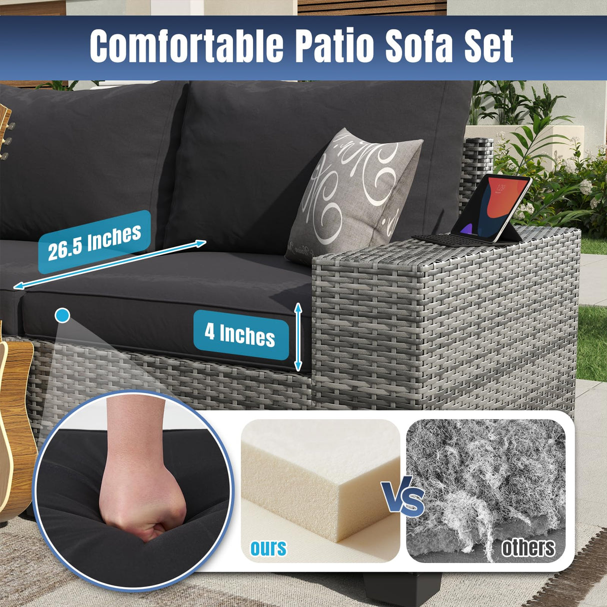 Aoxun 6 Pieces Patio Furniture Set Wicker Rattan Outdoor Sectional Conversation Set with Coffee Table and 4” Thickened Cushions, Gray Black (Waterproof Cover Included) Aoxun